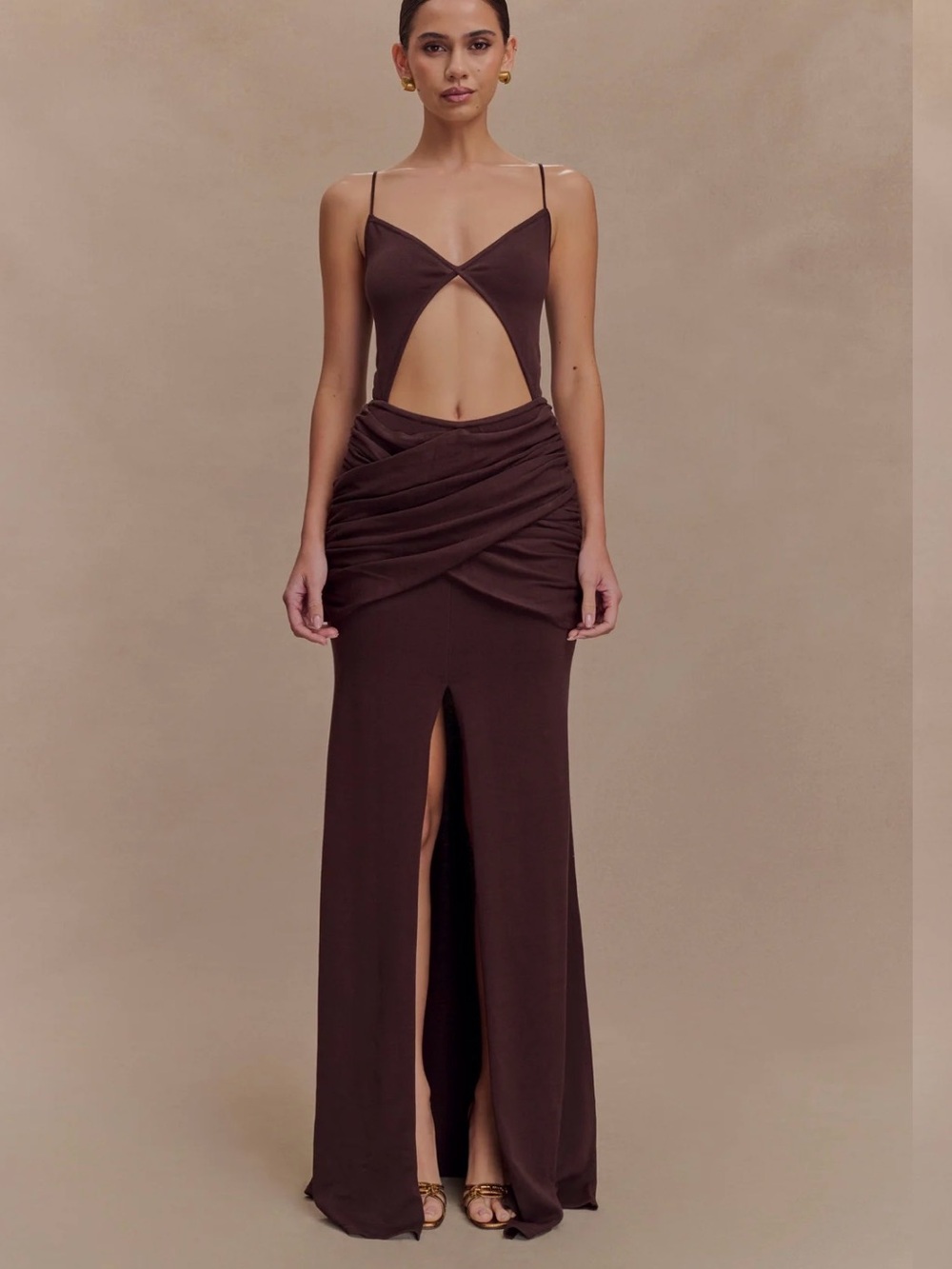 Meshki Brown Backless Cutout Maxi Dress with Front Slit